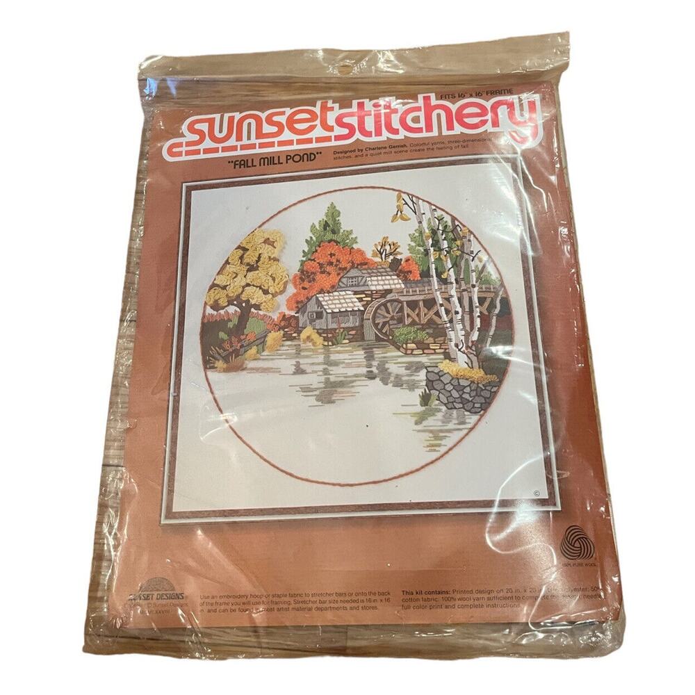 1978 VINTAGE SUNSET STITCHERY FALL MILL POND CREWEL EMBROIDERY KIT 2473 SEALED